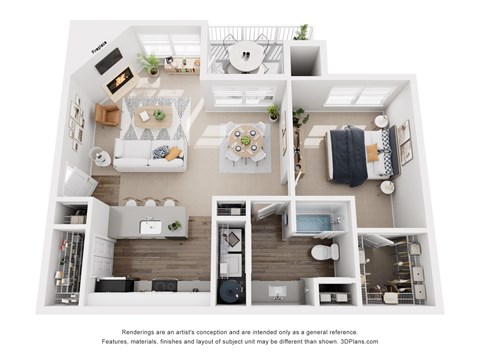 Floor plan for 1 bed, 1 bath, 740 sqft